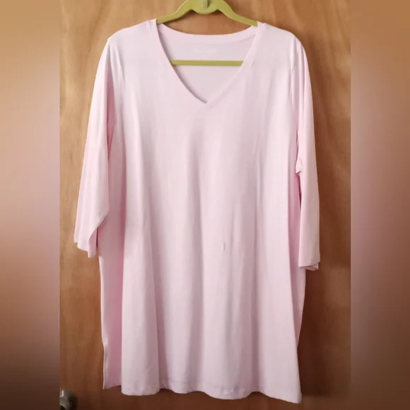 Woman Within Pink Cotton V-neck Pullover Tee Shirt Top 3/4 Sleeves Large 18/20 - Picture 2 of 6
